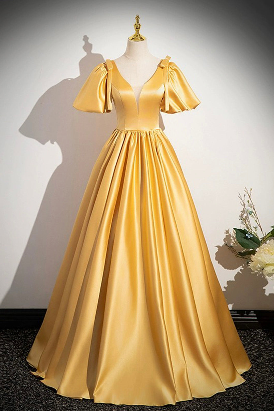Yellow V-Neck Satin Long Prom Dress, Yellow A-Line Short Sleeve Evenin Yellow V-Neck Satin Long Prom Dress, Yellow A-Line Short Sleeve Evenin