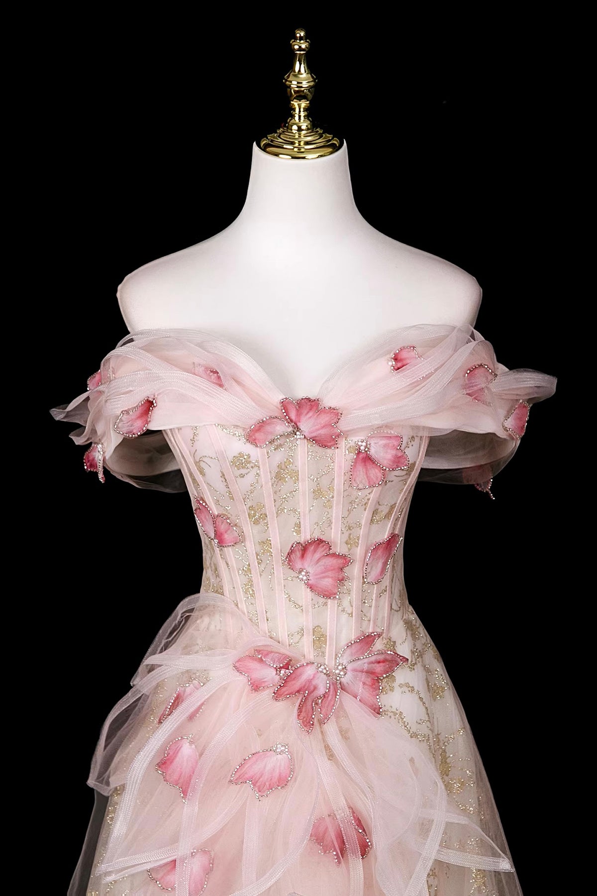 Champagne Off Shoulder Snowflake Tulle Prom Gown | Sparkling Evening Dress