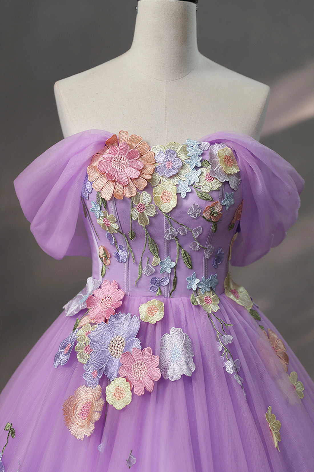 Purple Tulle Lace Long Prom Dress with Lace, Beautiful Off the Shoulder Evening Dress