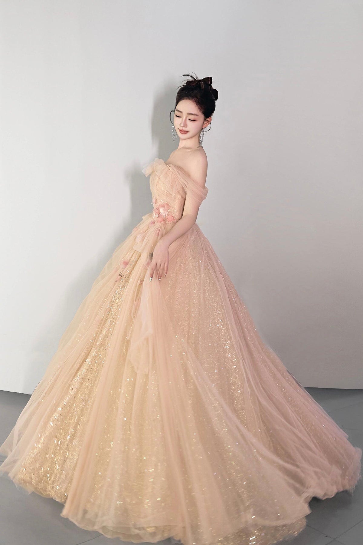 Champagne Tulle Sequins Long Prom Dress, Beautiful Off the Shoulder Party Dress