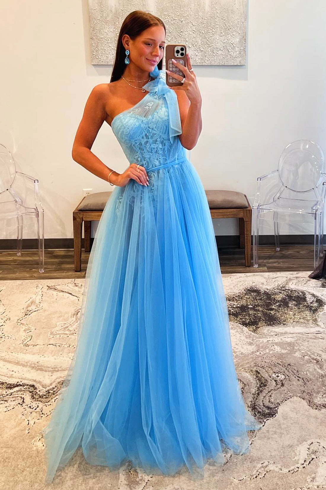 Sky Blue Tull Lace Long Prom Dress, Beautiful One Shoulder Evening Par