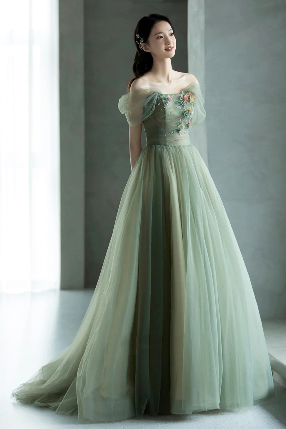 Beautiful Tulle Flowers Long Prom Dress, Green A-Line Formal Evening D