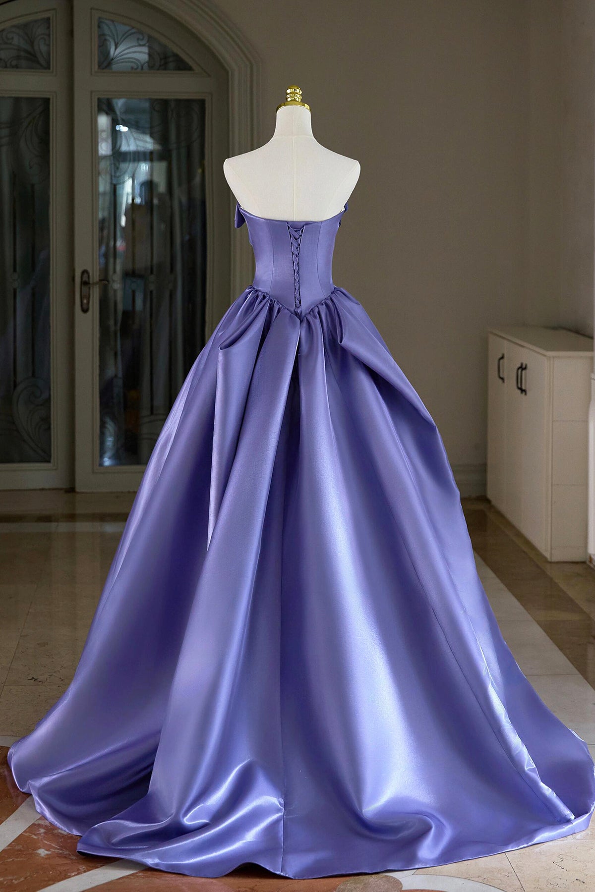 Purple Satin Long Prom Dress, A-Line Strapless Evening Party Dress