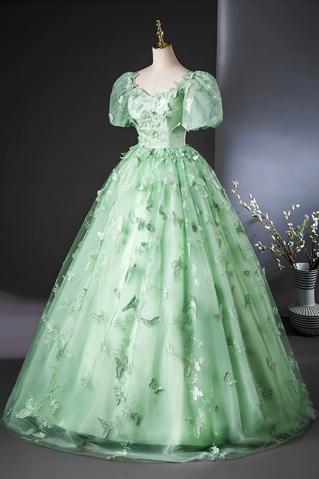 Green Tulle Long A-Line Prom Dress with Butterfly Lace, Beautiful Short Sleeve Evening Dress