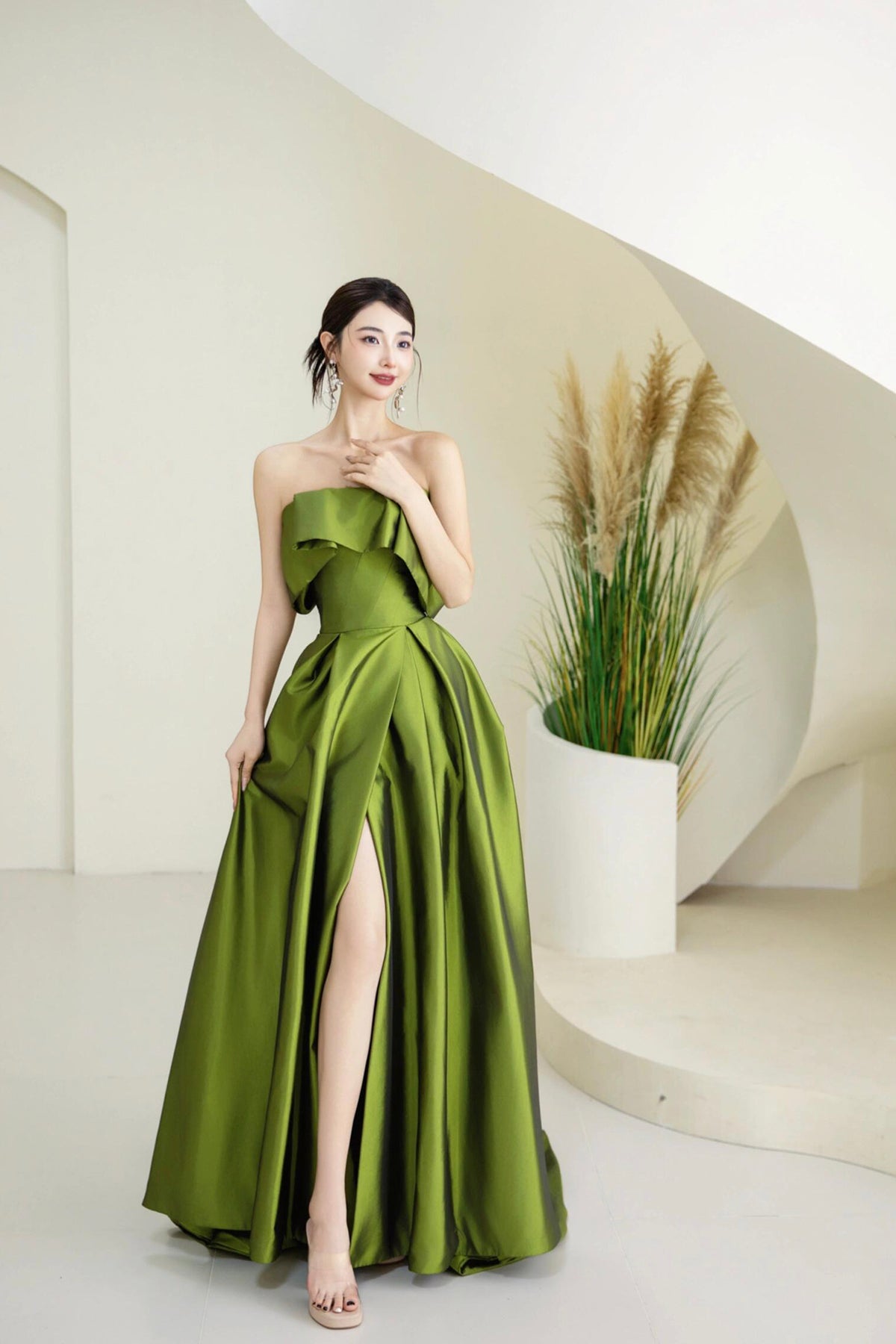 Green Satin Long Prom Dress, Cute A-Line Off the Shoulder Evening Dress