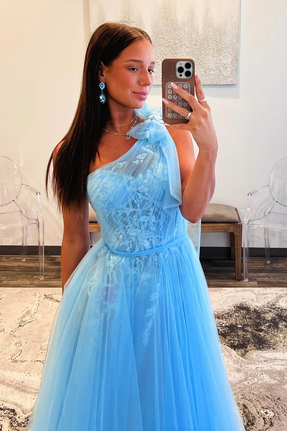Sky Blue Tull Lace Long Prom Dress, Beautiful One Shoulder Evening Party Dress