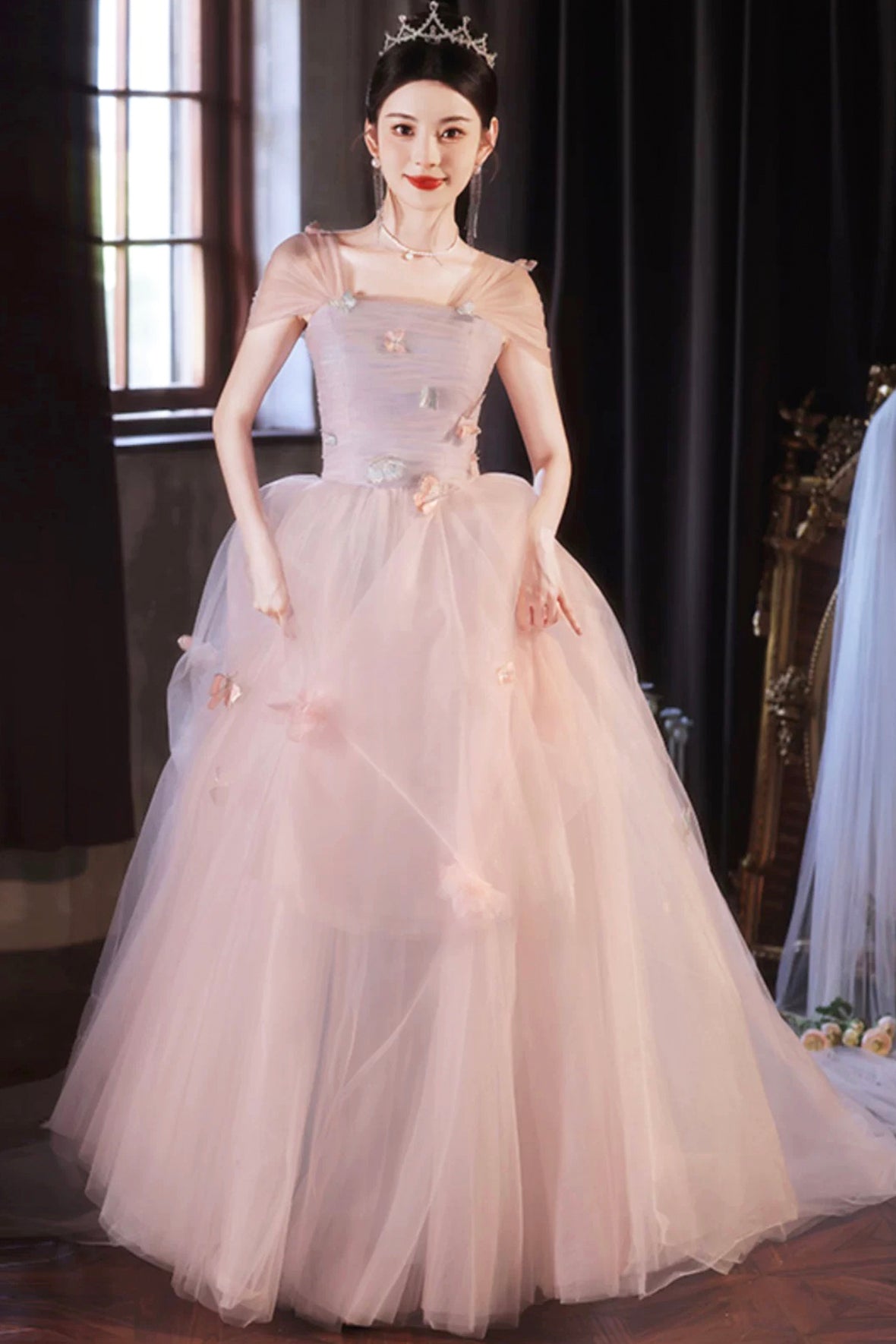 Pink Off the Shoulder Tulle Prom Dress, Lovely A-Line Long Formal Grad