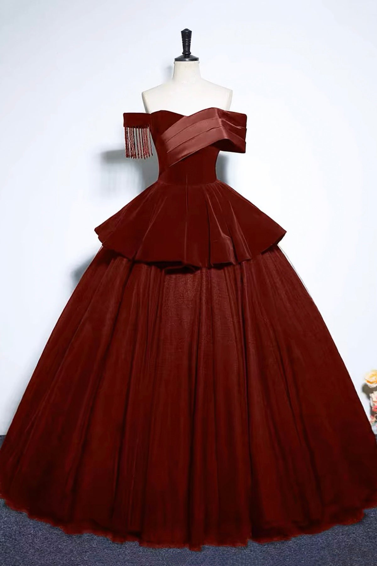 Burgundy Velvet and Tulle Long Formal Dress, A-Line Off the Shoulder E Burgundy Velvet and Tulle Long Formal Dress, A-Line Off the Shoulder E