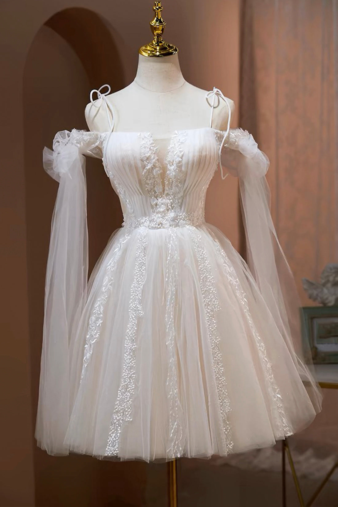 Ivory Off-the-Shoulder Spaghetti Strap Lace Knee Length Prom Dress Ivory Off-the-Shoulder Spaghetti Strap Lace Knee Length Prom Dress