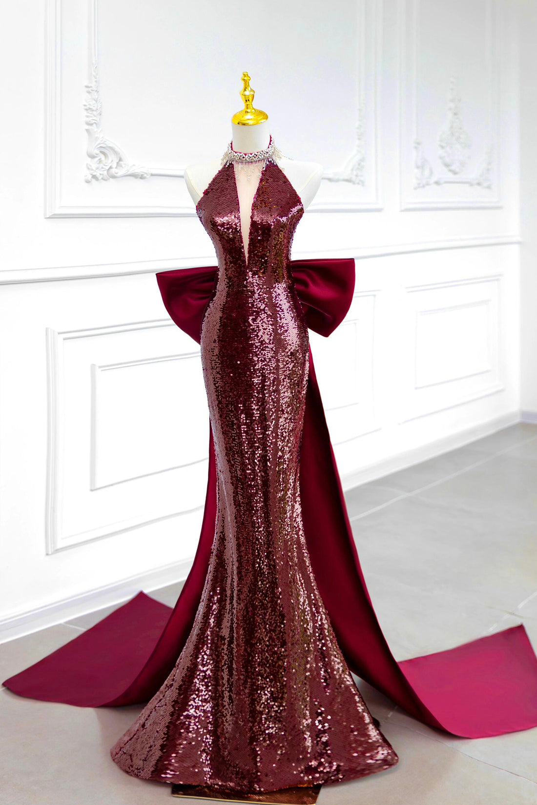 Mermaid Sequins Long Prom Dress, Burgundy Backless Evening Party Dress