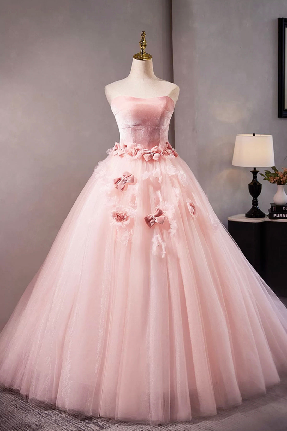 Pink Velvet Tulle Long Prom Dress with Flowers, Beautiful Strapless Evening Sweet 16 Dress