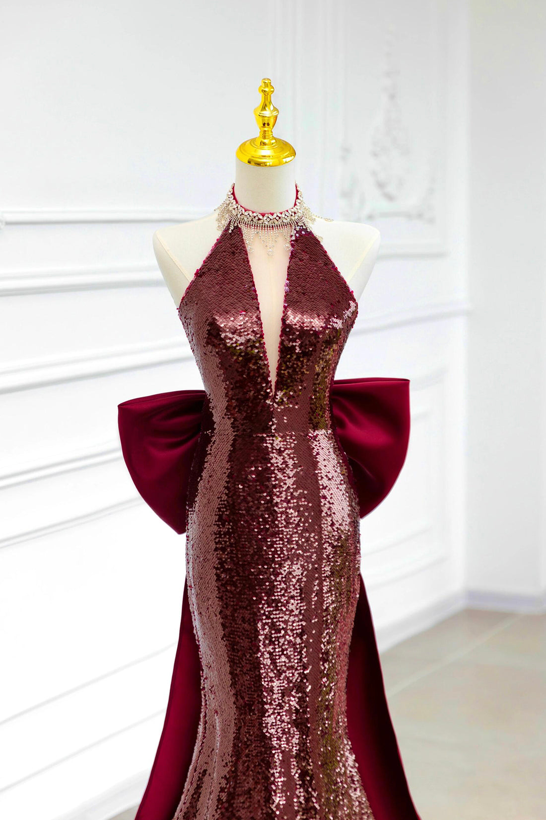 Mermaid Sequins Long Prom Dress, Burgundy Backless Evening Party Dress