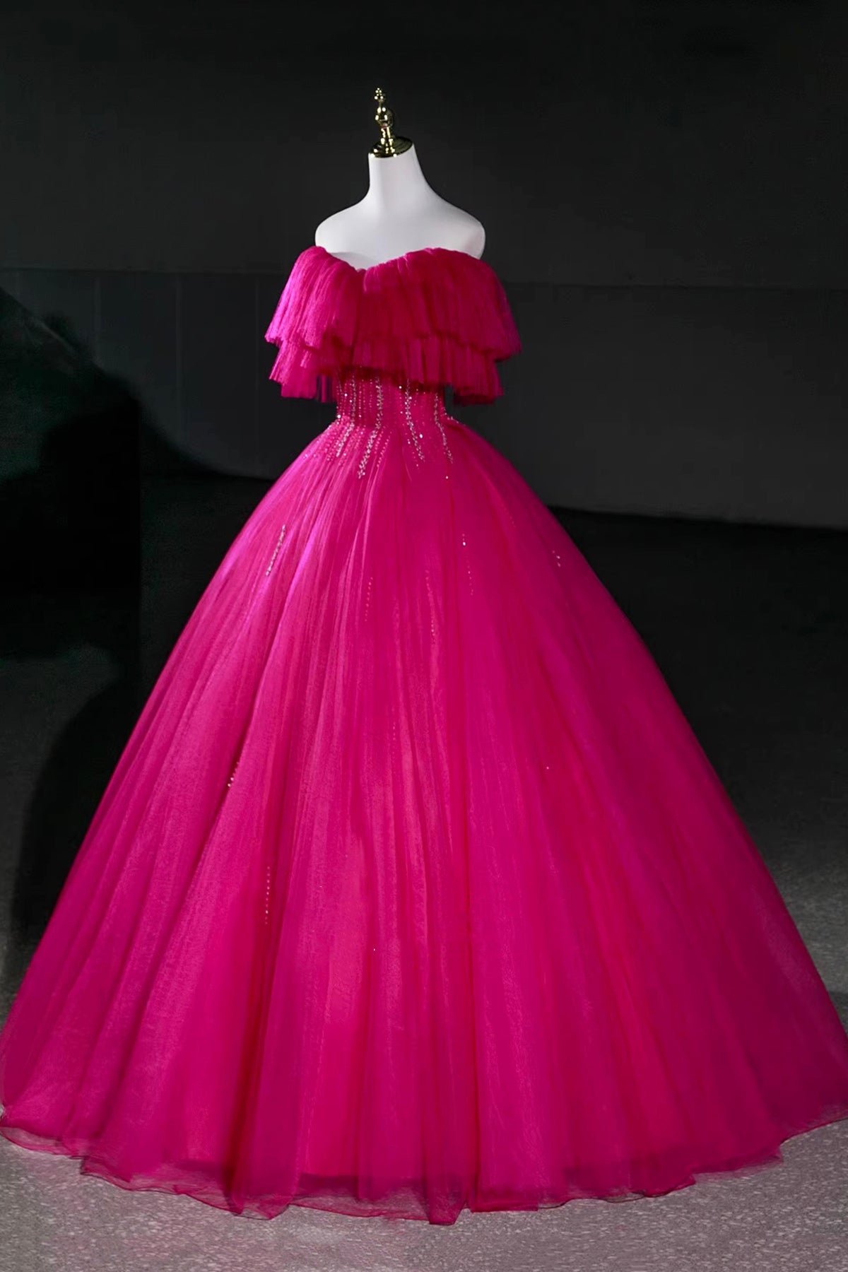 Hot Pink Tulle Beaded Long Prom Dress, A-Line Off the Shoulder Party Dress