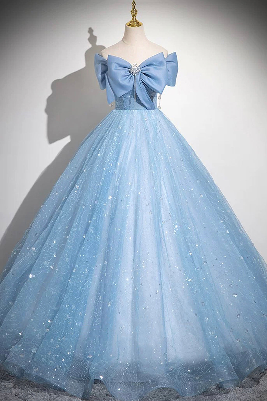 Light Blue Tulle Sequins Long Prom Dress, A-Line Off Shoulder Evening Dress