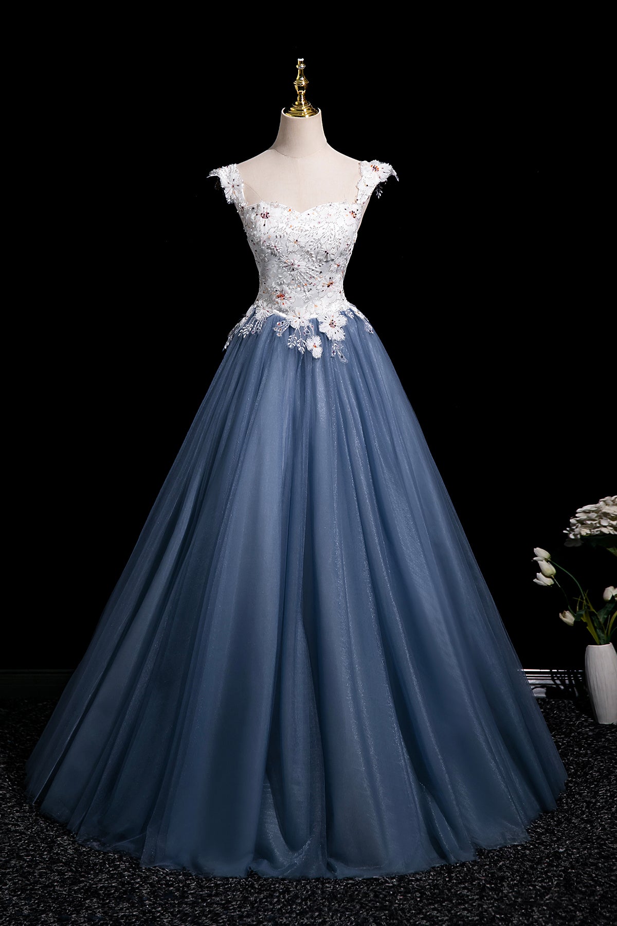 A-Line Floral Tulle Long Prom Dress, Beautiful White and Blue Party Dress