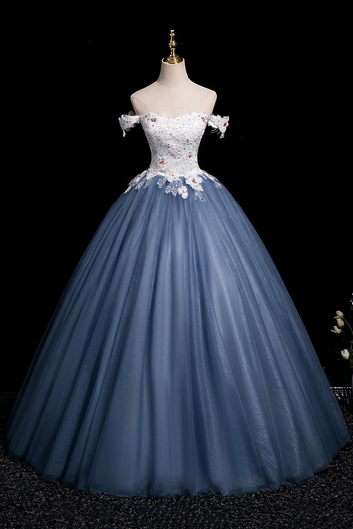 A-Line Floral Tulle Long Prom Dress, Beautiful White and Blue Party Dress