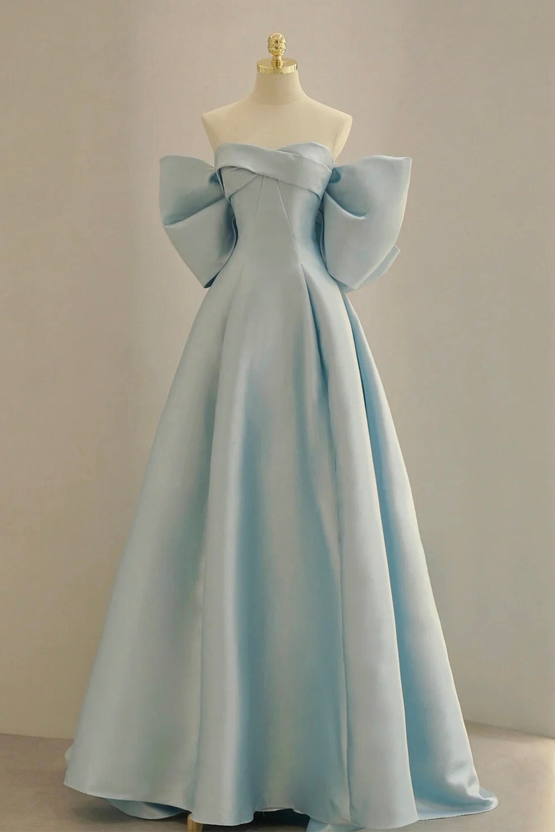 Blue Satin Long Prom Dress with Big Bow, Blue A-Line Evening Party Dre Blue Satin Long Prom Dress with Big Bow, Blue A-Line Evening Party Dre