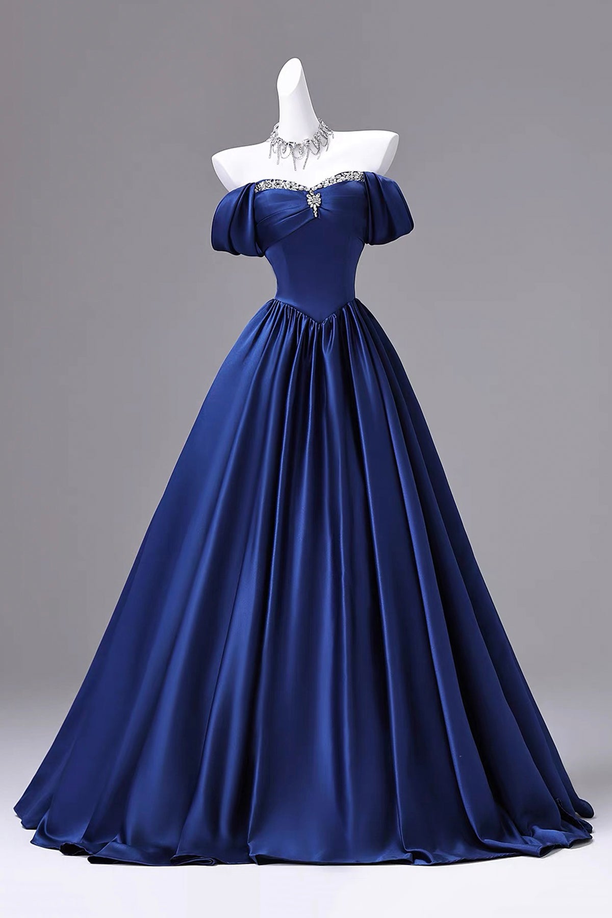 Blue Off Shoulder Satin Ball Gown Crystal Sweetheart Corset Formal Evening Dress