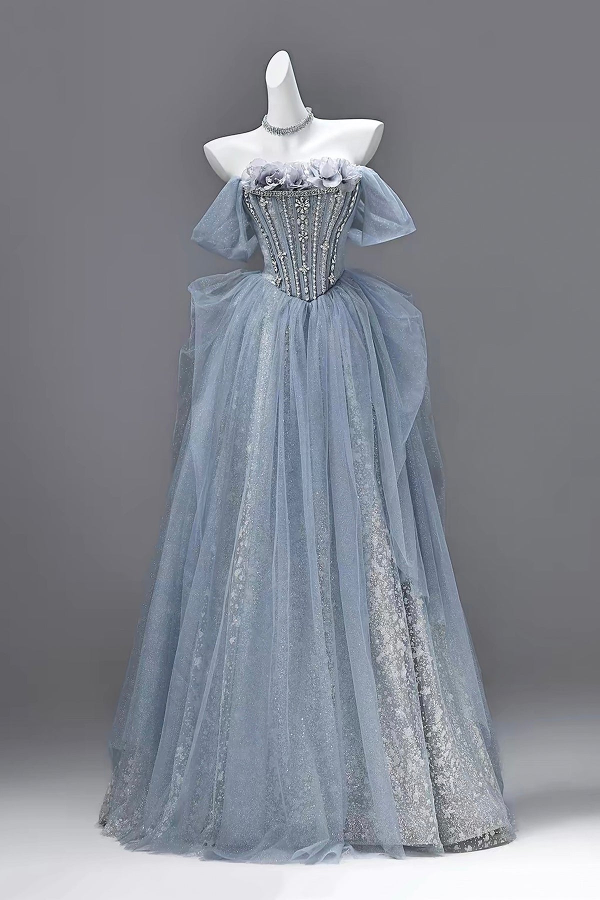 Dusty Blue Off Shoulder Glitter Tulle Ball Gown 3D Flower Corset Formal Evening Dress