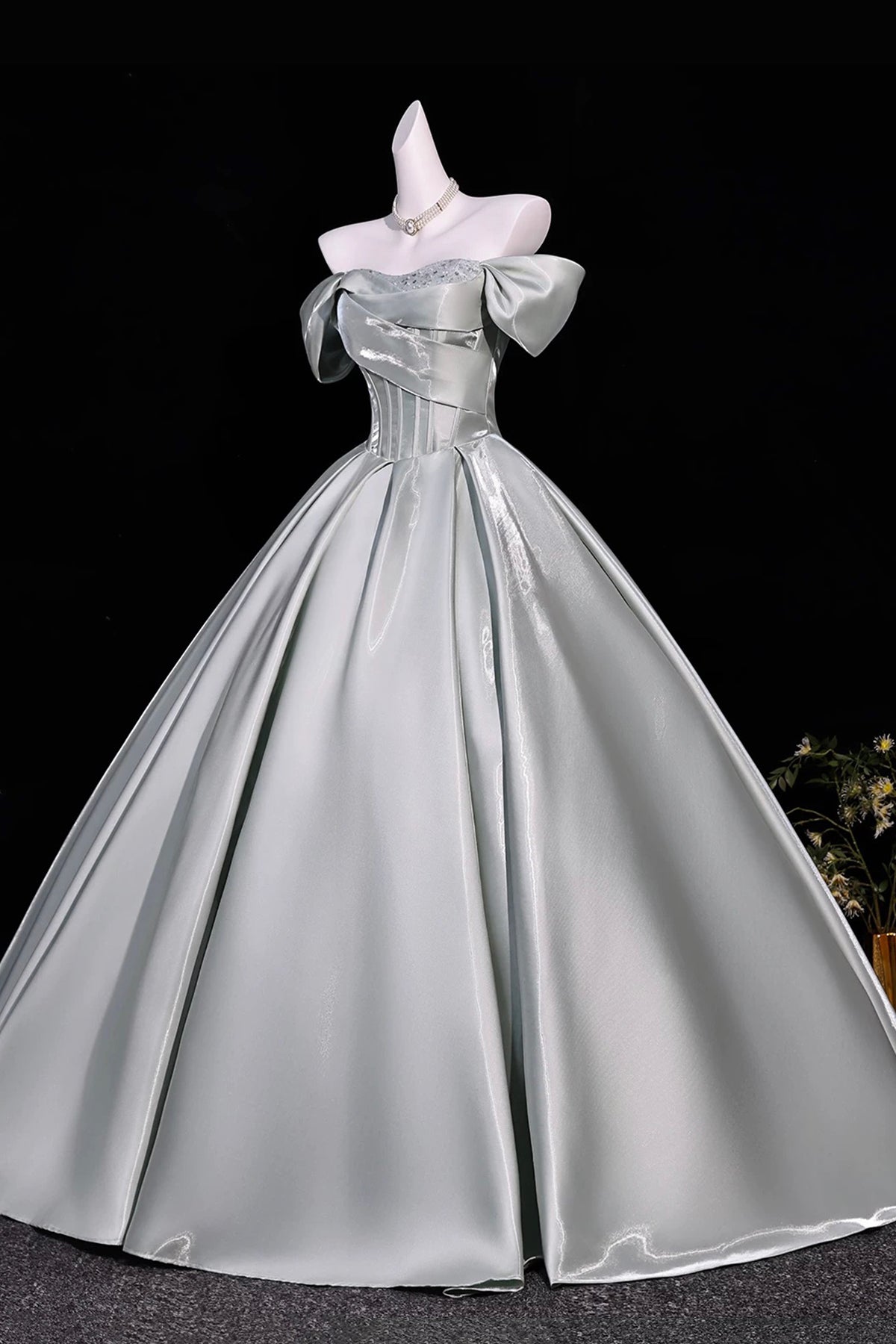 Dusty Green Off Shoulder Satin Prom Dress Corset A-Line Long Evening Gown