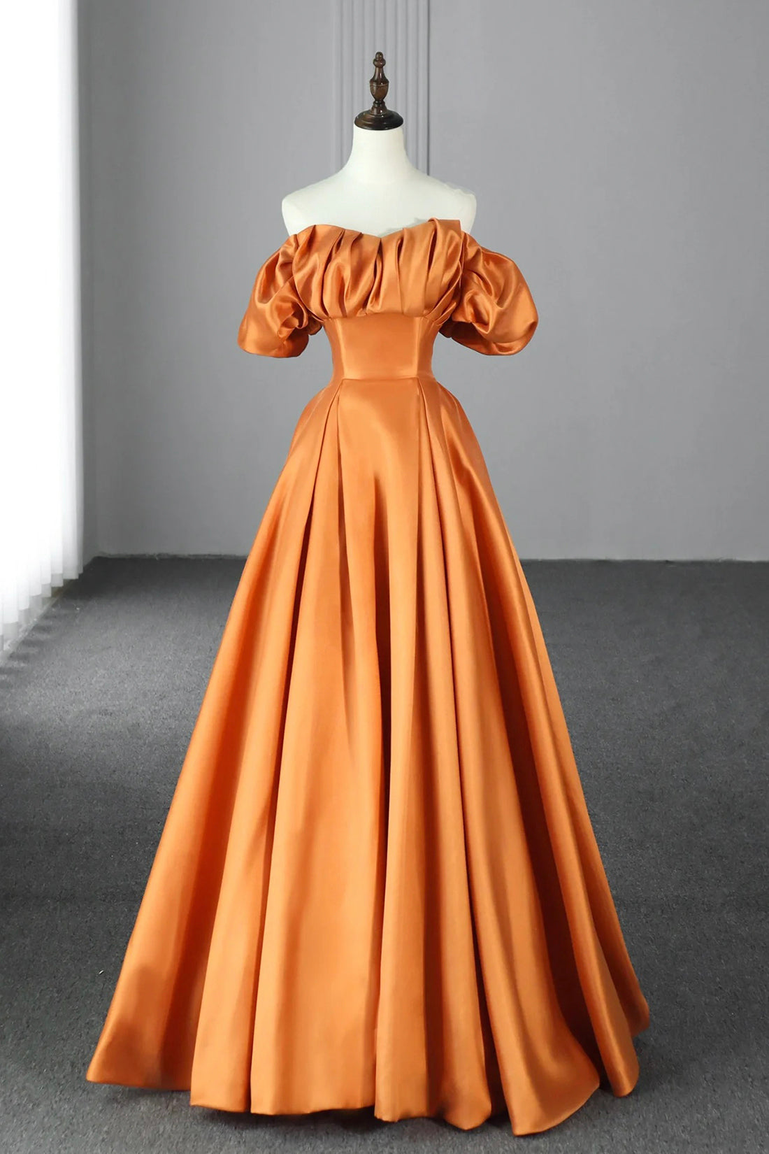 Orange Satin A-Line Floor Length Prom Dress, Off the Shoulder Evening Orange Satin A-Line Floor Length Prom Dress, Off the Shoulder Evening