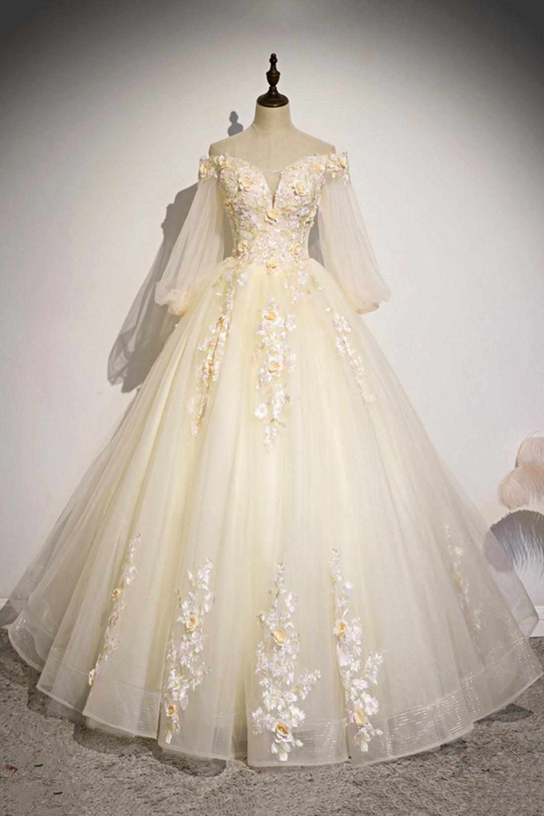 Champagne Tulle Lace Floor Length Prom Dress, Off Shoulder Long Sleeve Evening Dress