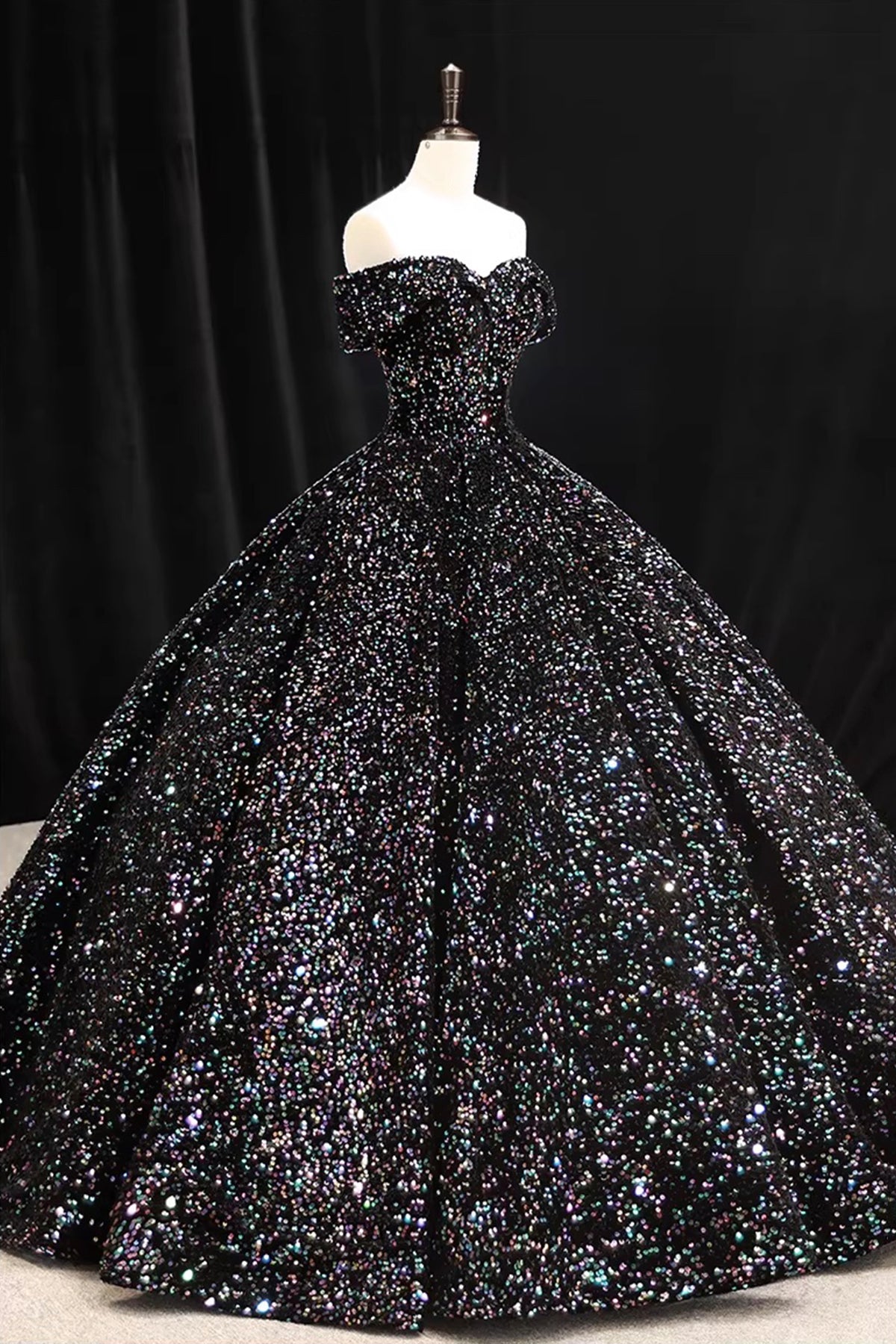Black Iridescent Sequin Off Shoulder Ball Gown for Formal Events