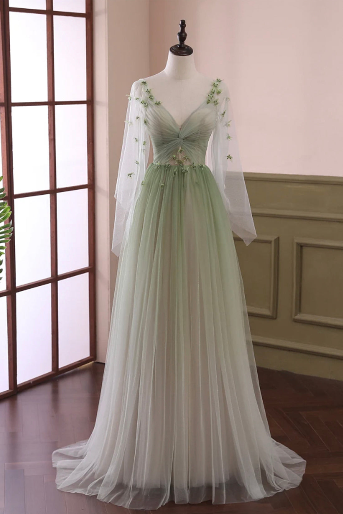 Beautiful Gradient Tulle Green Long Sleeves Party Dress, Green Evening Beautiful Gradient Tulle Green Long Sleeves Party Dress, Green Evening