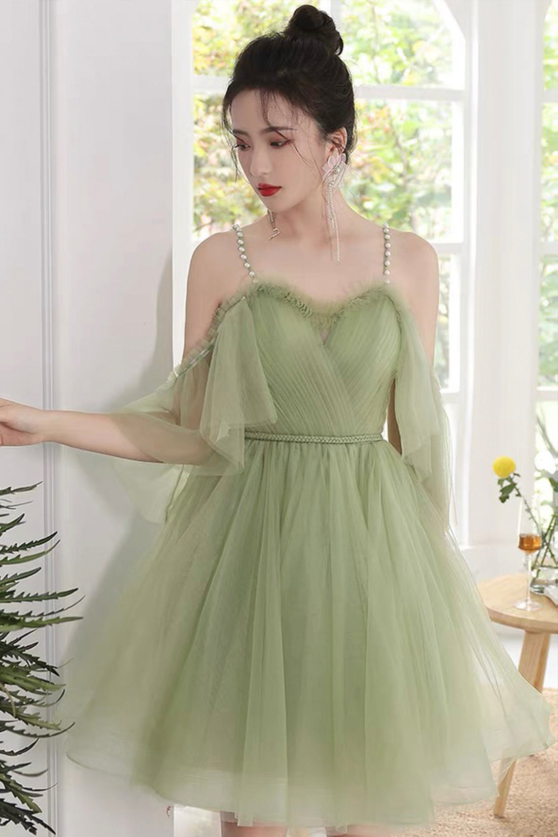 Green Spaghetti Strap Tulle Short Prom Dress, Green A-Line Homecoming Dress