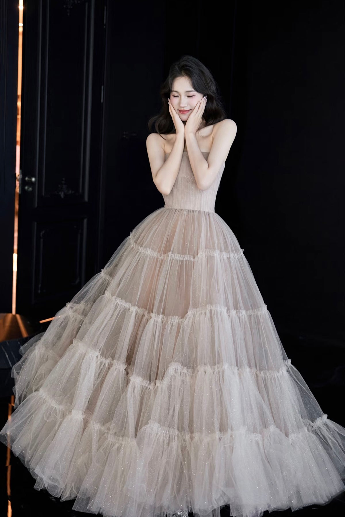 Luxury Champagne Tiered Tulle Evening Gown Strapless Ball Gown