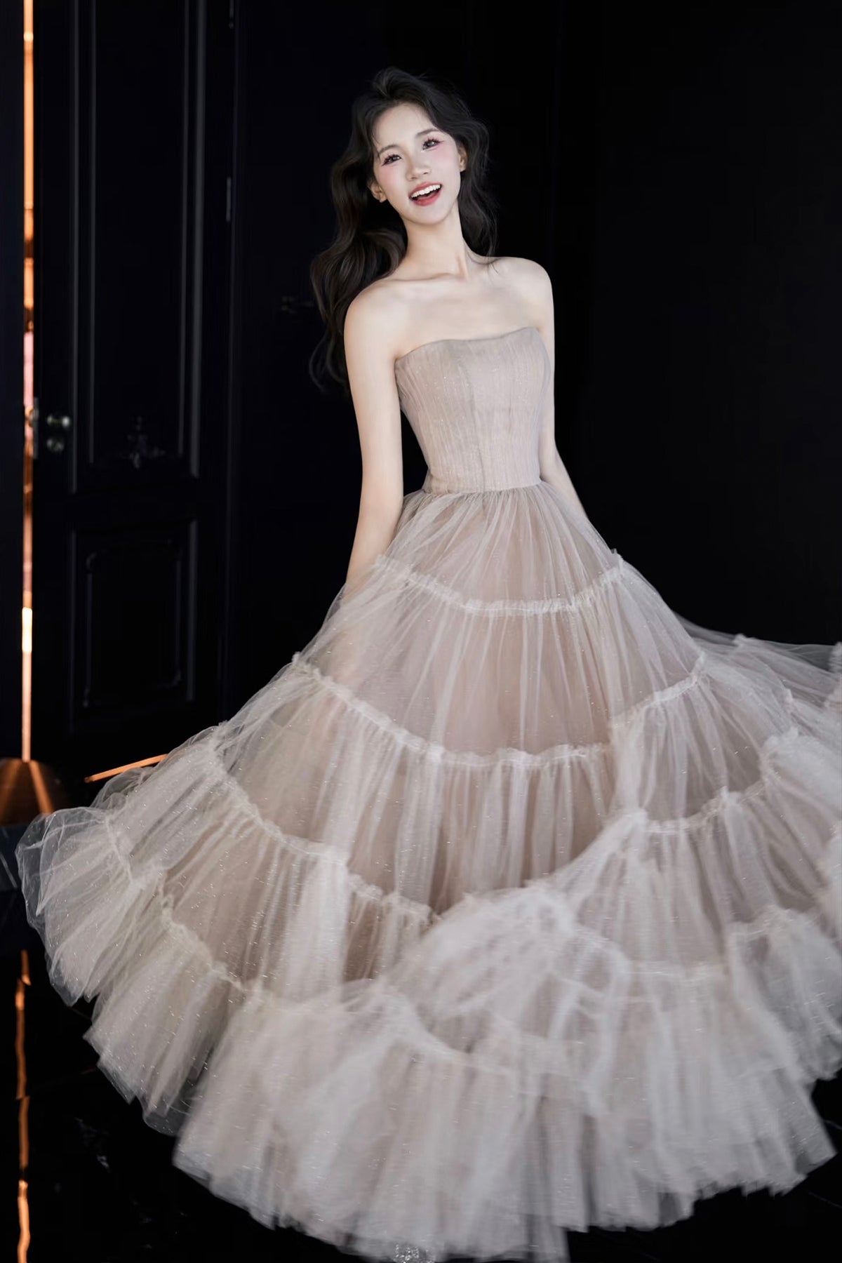 Luxury Champagne Tiered Tulle Evening Gown Strapless Ball Gown