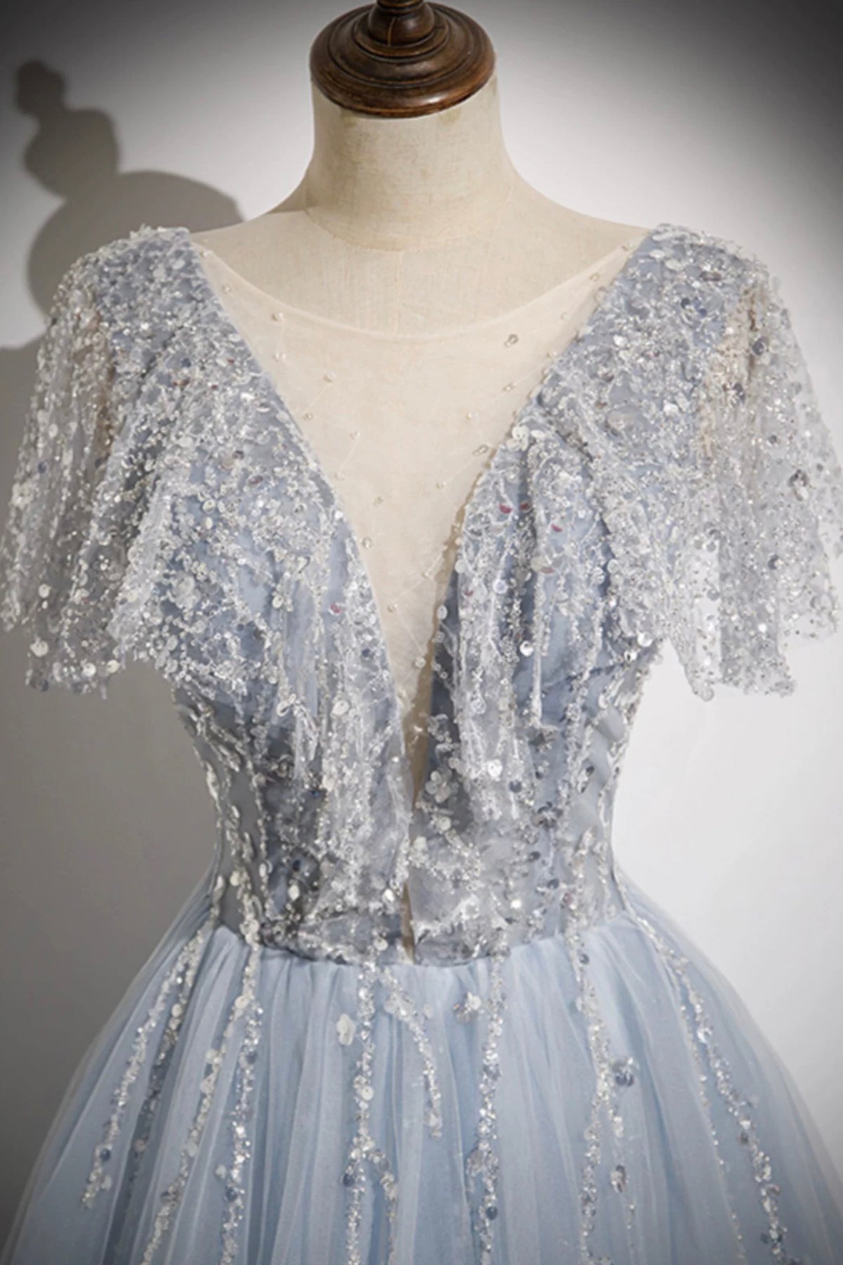 Blue Tulle Sequins Long Prom Dress, Blue A-Line Evening Party Dress