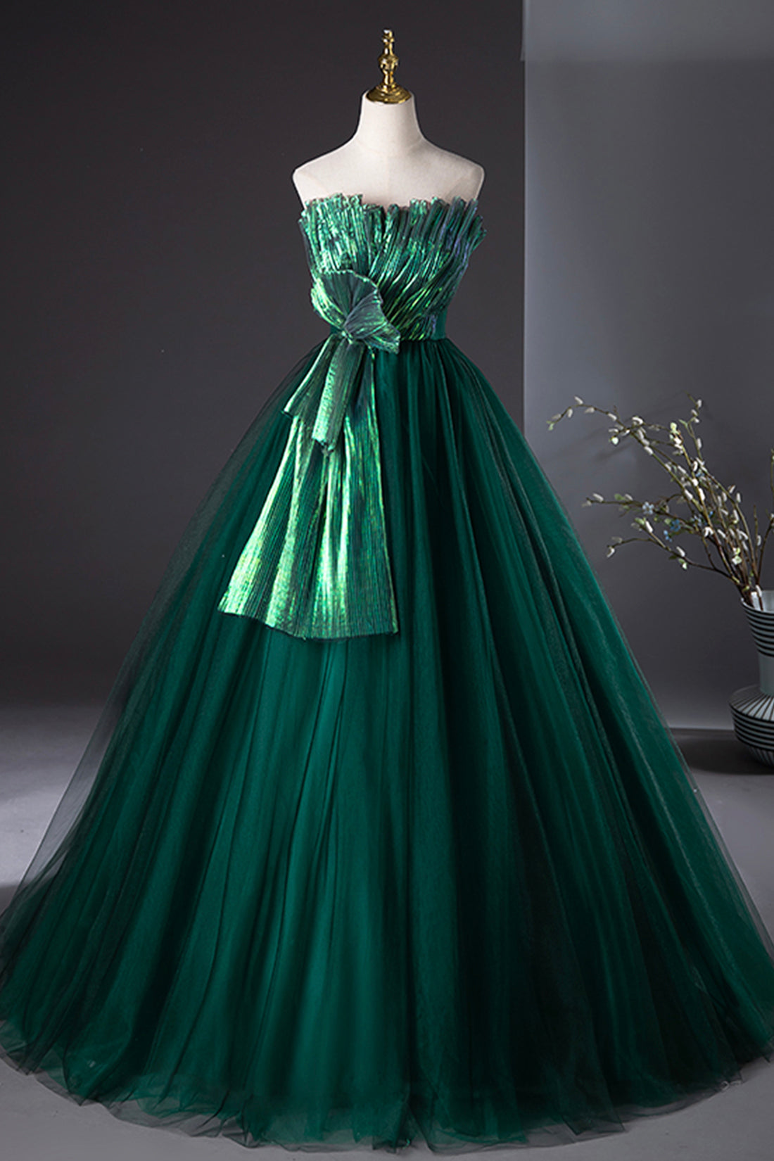 Dark Green Strapless Tulle Long Prom Dress, Beautiful A-Line Formal Ev Dark Green Strapless Tulle Long Prom Dress, Beautiful A-Line Formal Ev