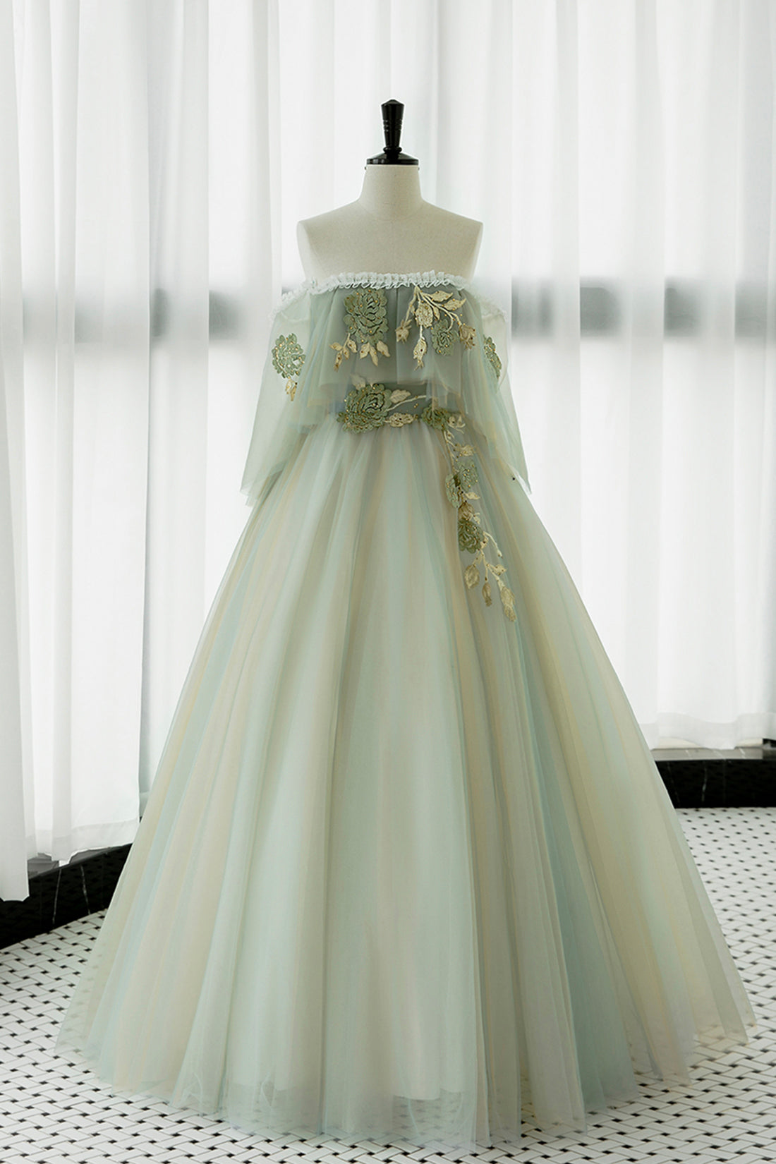 Green Tulle Lace Long Prom Dress, Off Shoulder Evening Formal Dress Green Tulle Lace Long Prom Dress, Off Shoulder Evening Formal Dress