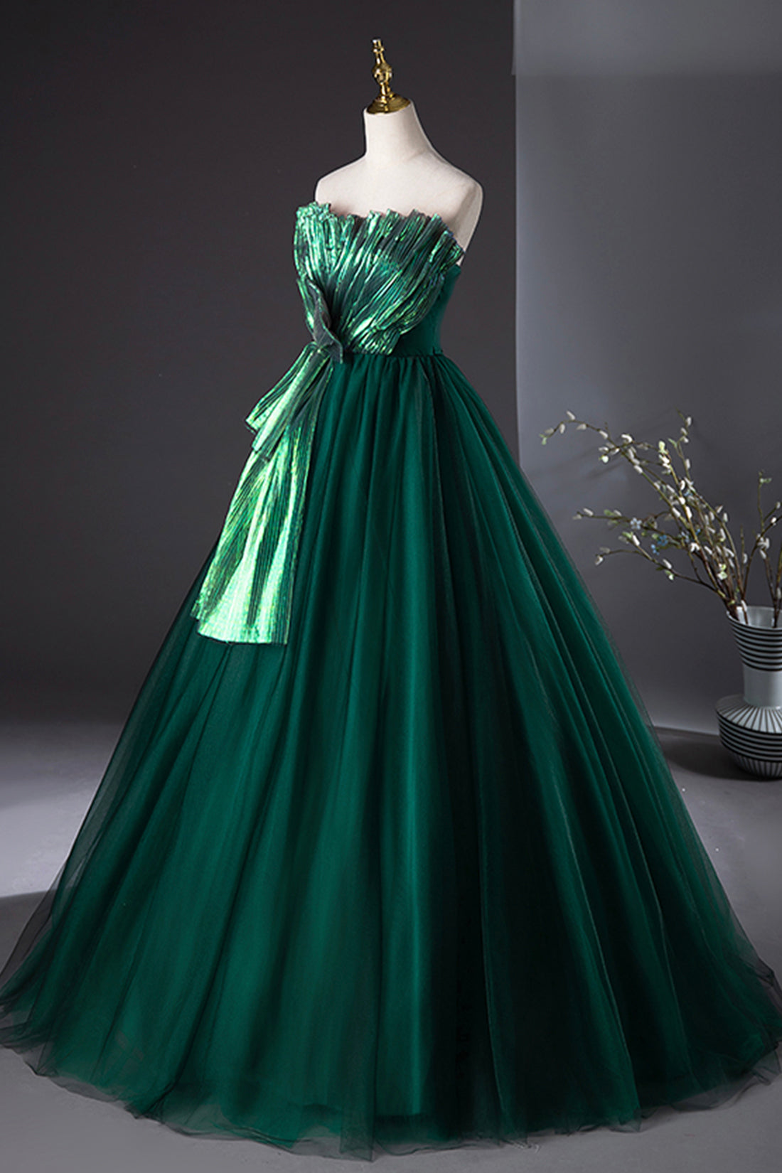 Dark Green Strapless Tulle Long Prom Dress, Beautiful A-Line Formal Evening Dress