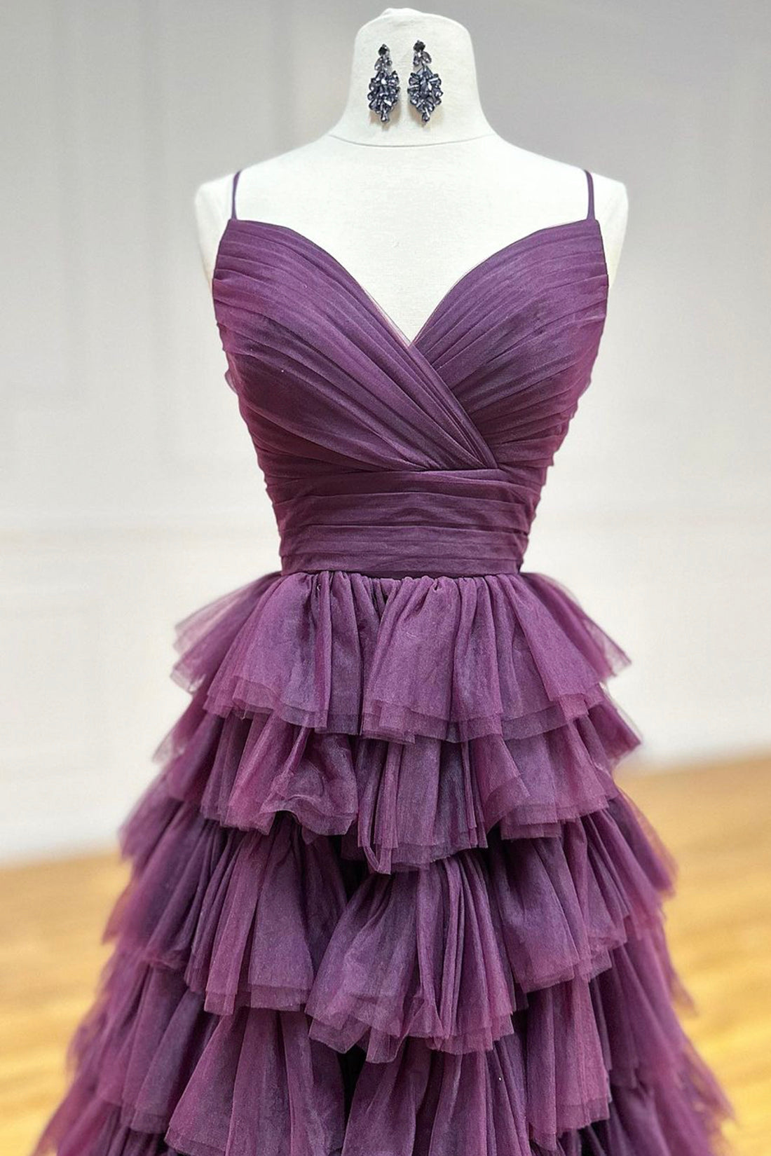 Purple Tulle Layers Long Prom Dress, Purple Spaghetti Strap A-Line Evening Party Dress