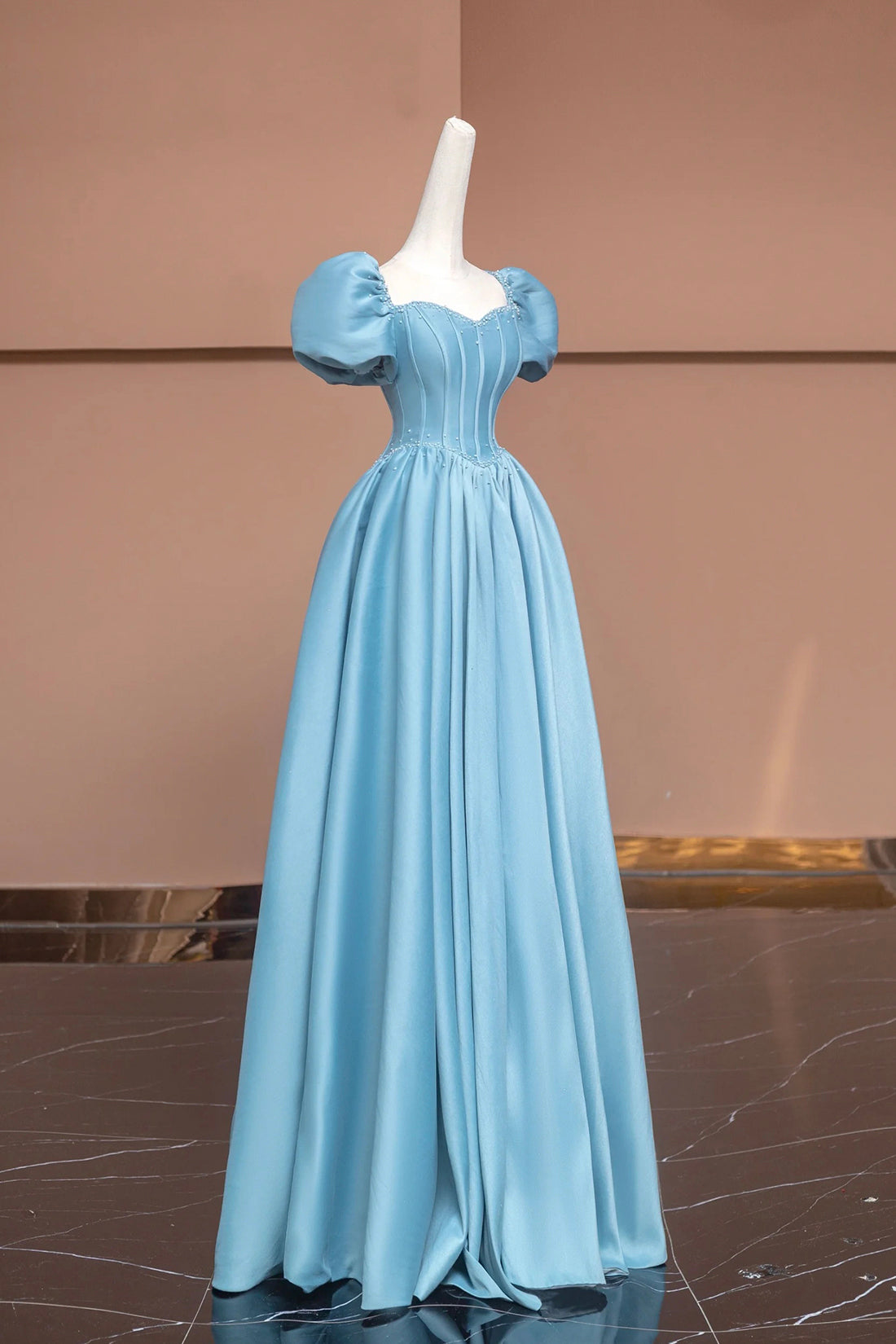 Blue Satin Long A-Line Prom Dress with Pearls, Cute Short Sleeve Evening Dress