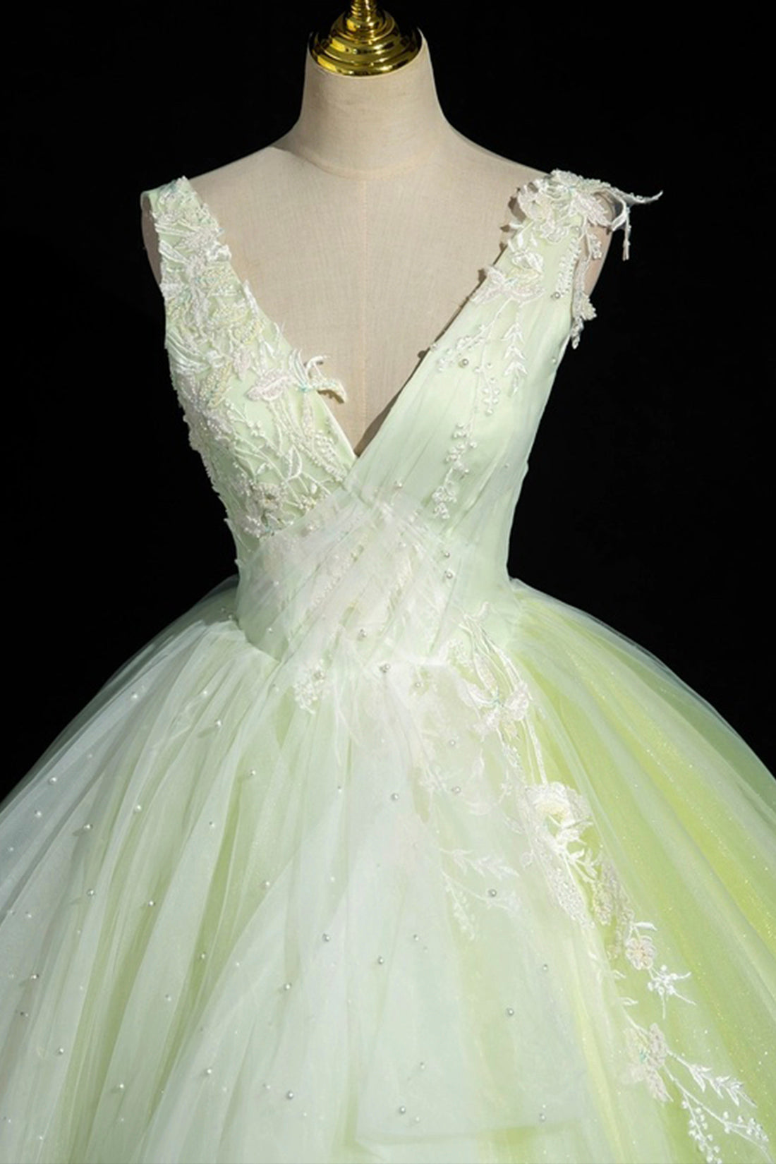 Charming Tulle Lace Green Prom Dresses, V-Neck Sleeveless Floor-Length Formal Evening Dresses