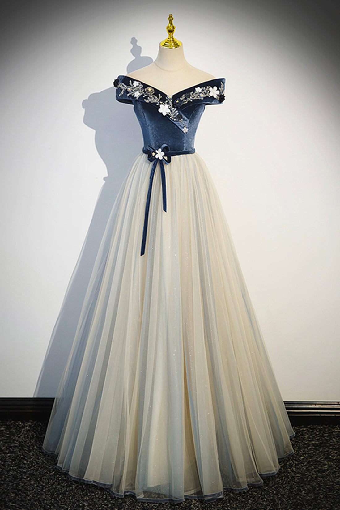 Blue Beading Appliques V-Neck Floor Length Prom Dress, Off the Shoulder Princess A-Line Formal Dress