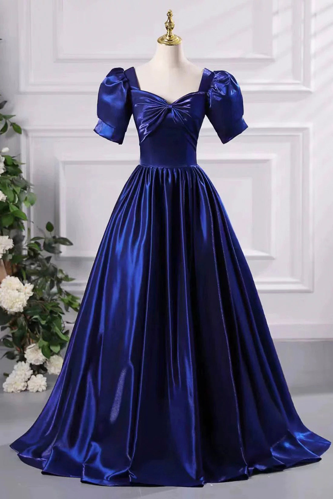 Blue Satin Floor Length Prom Dress, A-Line Short Sleeve Backless Eveni Blue Satin Floor Length Prom Dress, A-Line Short Sleeve Backless Eveni