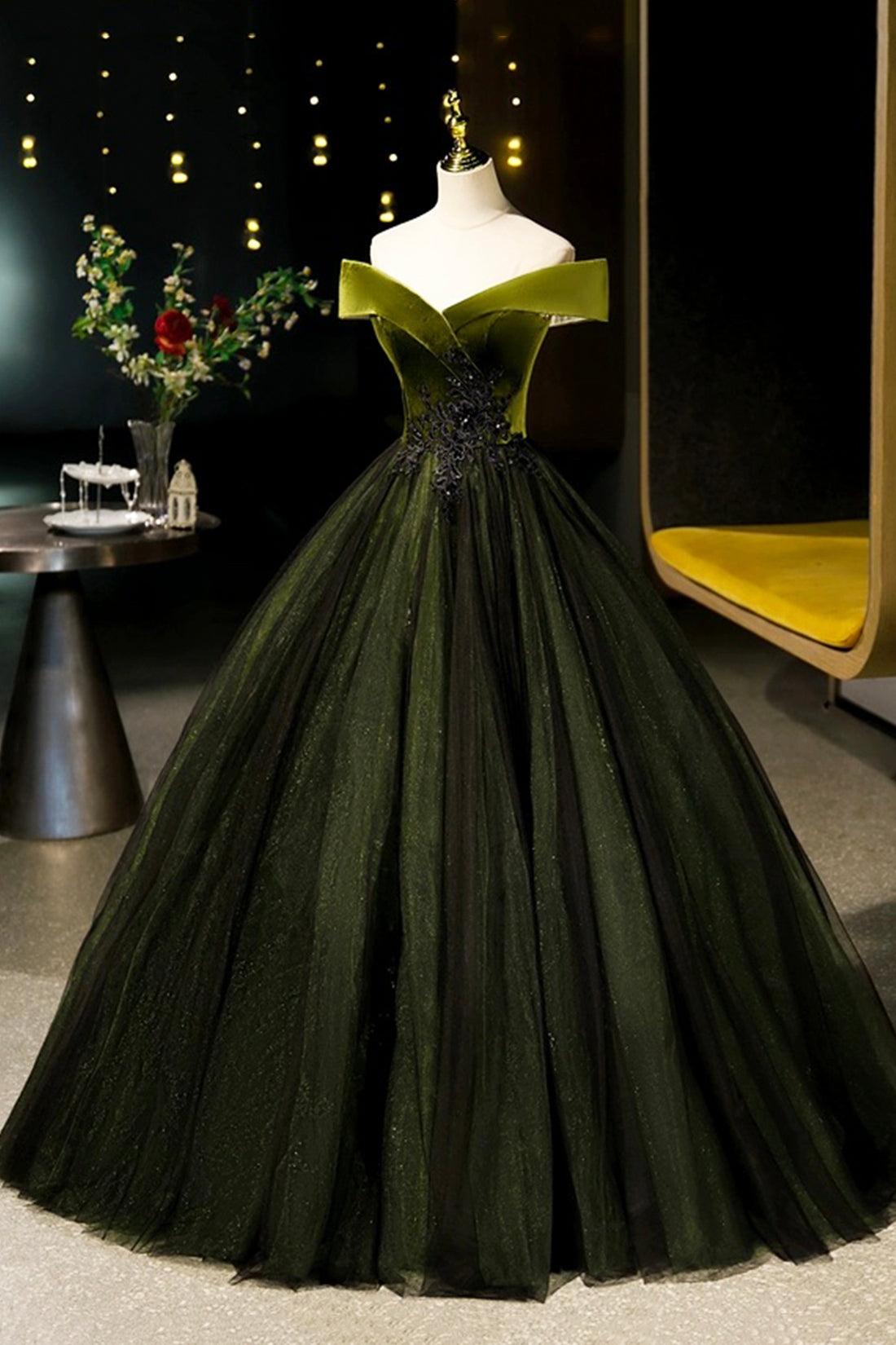 Green Velvet and Tulle Floor Length Prom Dress, Off the Shoulder Eveni Green Velvet and Tulle Floor Length Prom Dress, Off the Shoulder Eveni