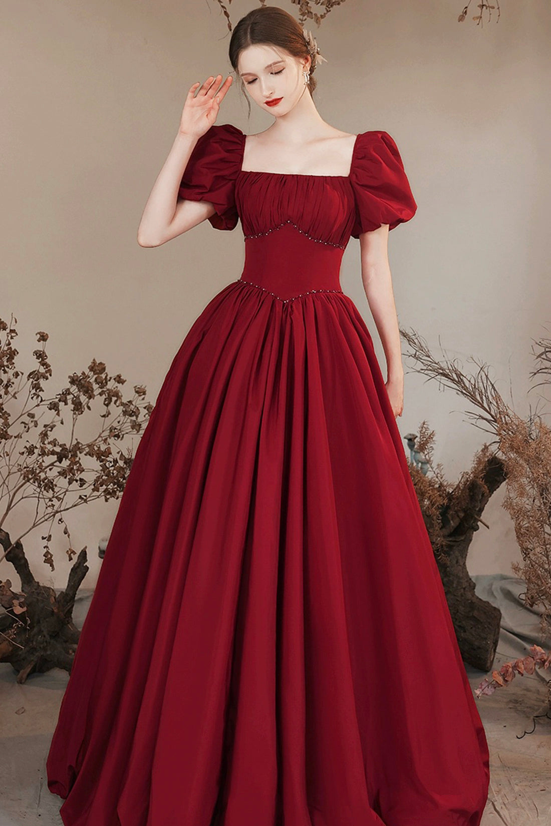 Burgundy Satin Long Prom Dress, Beautiful A-Line Short Sleeve Evening Dress