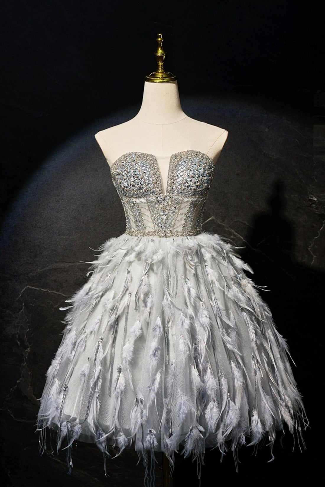 Gray Feather Short Party Dress, Lovely Handmade Beading Pearl Sequins Evening Dress