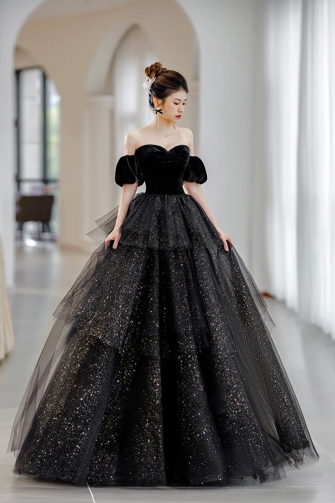 Black Velvet and Tulle Long Formal Dress, Black A-Line Sweetheart Neck Evening Party Dress