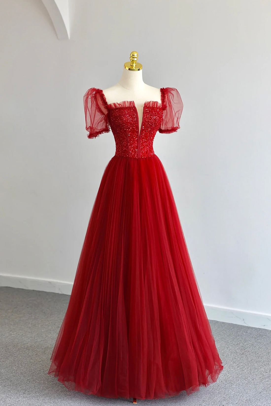 Dark Red Tulle Floor Length Formal Dress, Beautiful A-Line Short Sleeve Evening Dress with Beaded