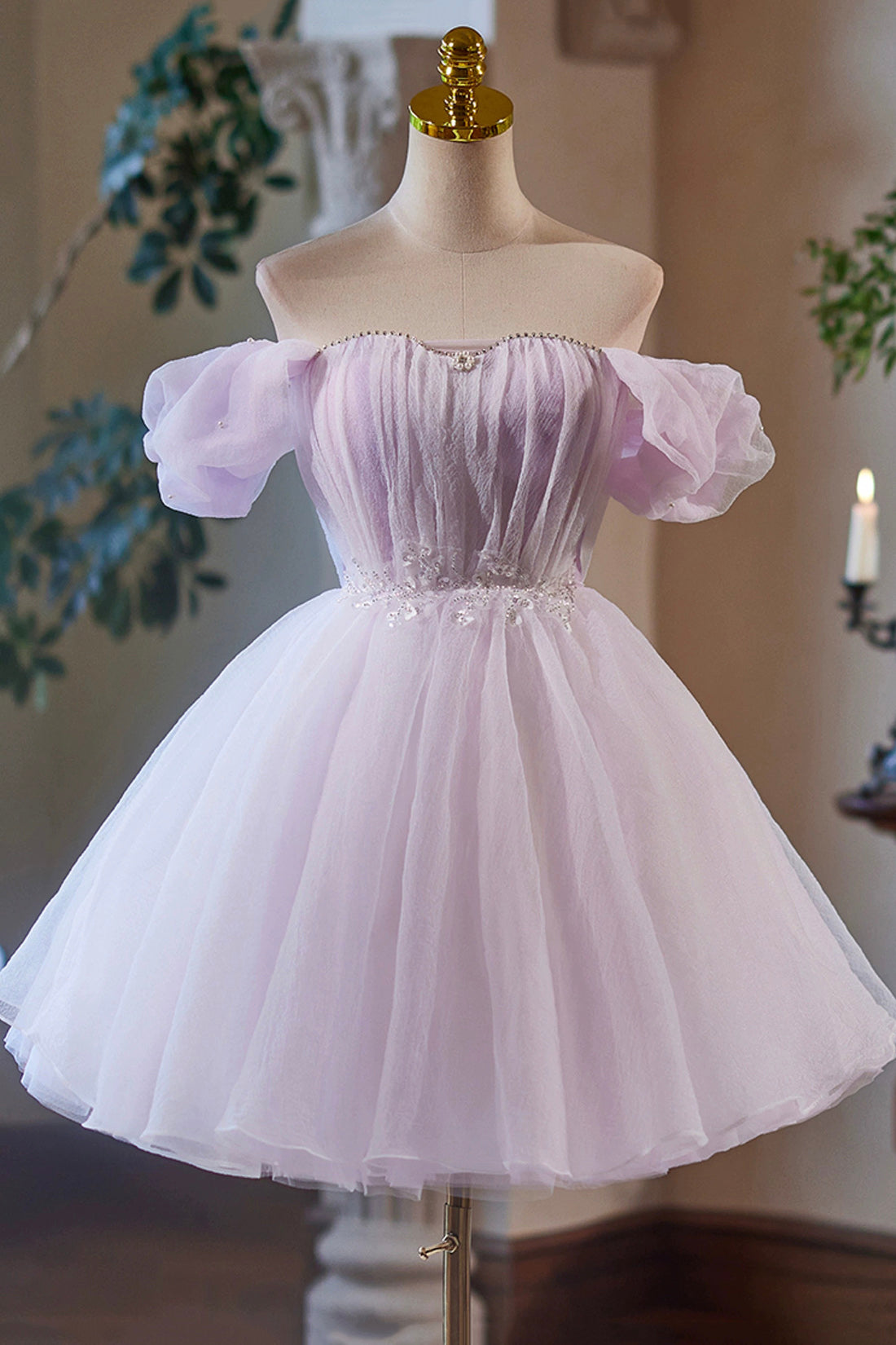 Lilac Tulle Knee Length Party Dress, Lovely A-Line Off the Shoulder Ev Lilac Tulle Knee Length Party Dress, Lovely A-Line Off the Shoulder Ev