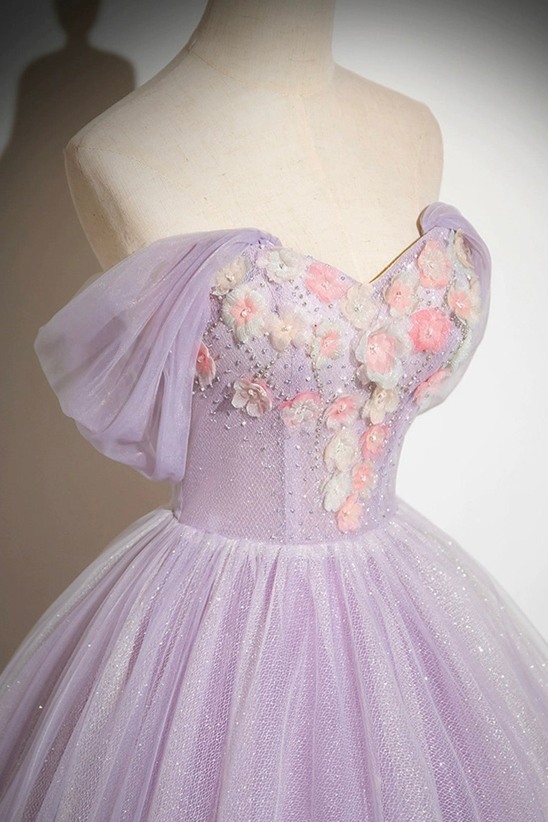 Lilac Strapless Tulle Long Prom Dresses with Flowers, Lilac Off the Shoulder Formal Evening Dresses