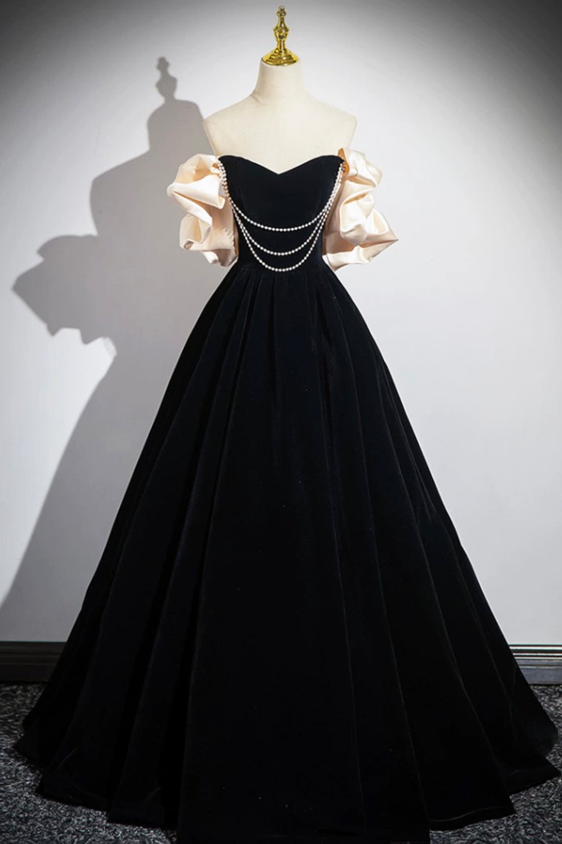 Velvet A Line Layer Beading Belt Black Prom Dress