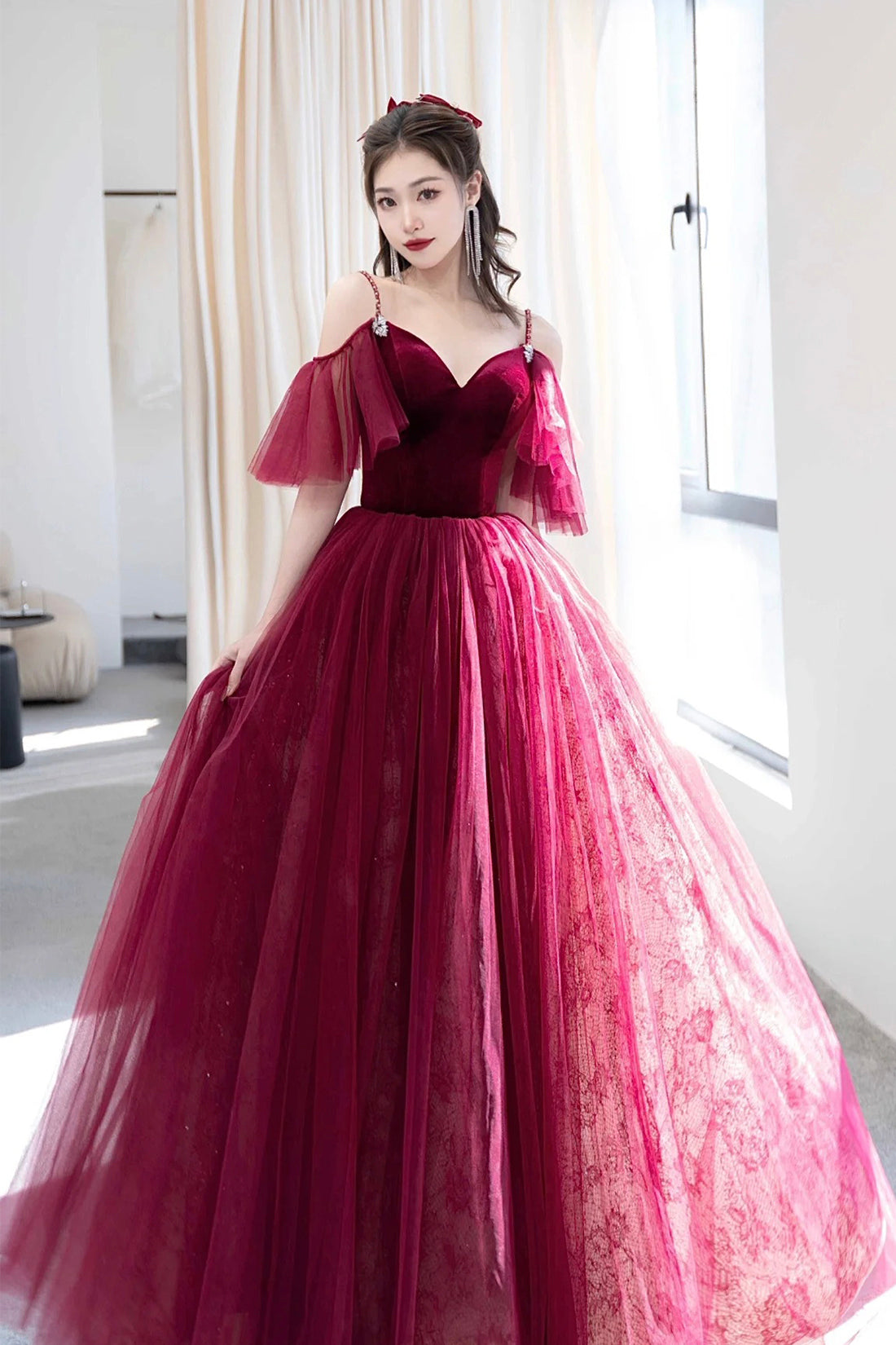 KissProm Spagatti Straps Velvet Tulle Floor Length Prom Dress Burgundy / Custom Size