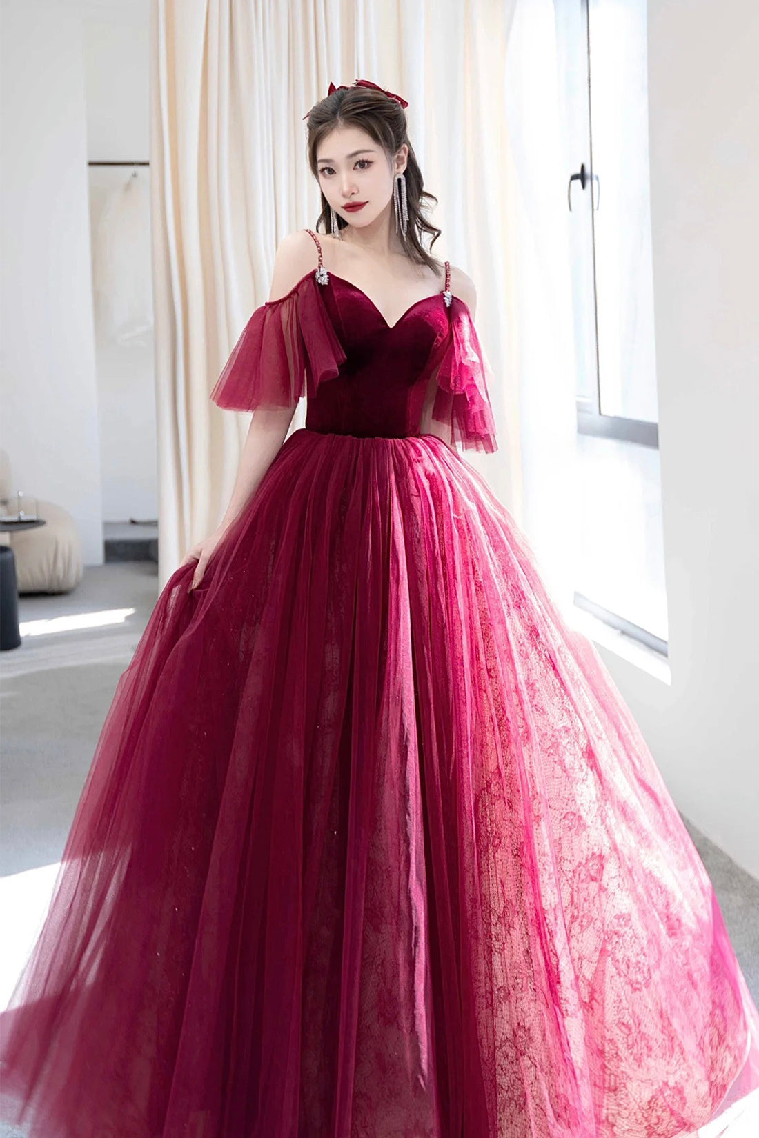 Burgundy V-Neck Velvet and Tulle Long Prom Dress, A-Line Spaghetti Str Burgundy V-Neck Velvet and Tulle Long Prom Dress, A-Line Spaghetti Str